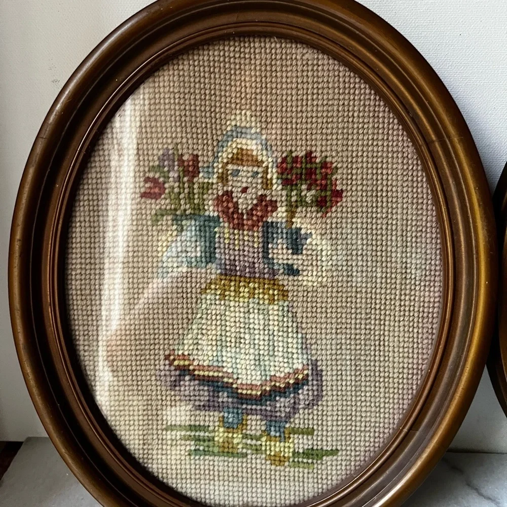Vintage needle point Wall Art Set of 2 Victorian ladies with flowers